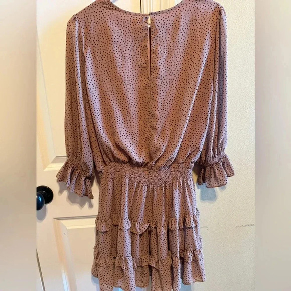 Mustard Seed High Neck Cinched Waist Tan Brown Polka Dot Ruffle Dress Sz M - Picture 7 of 10